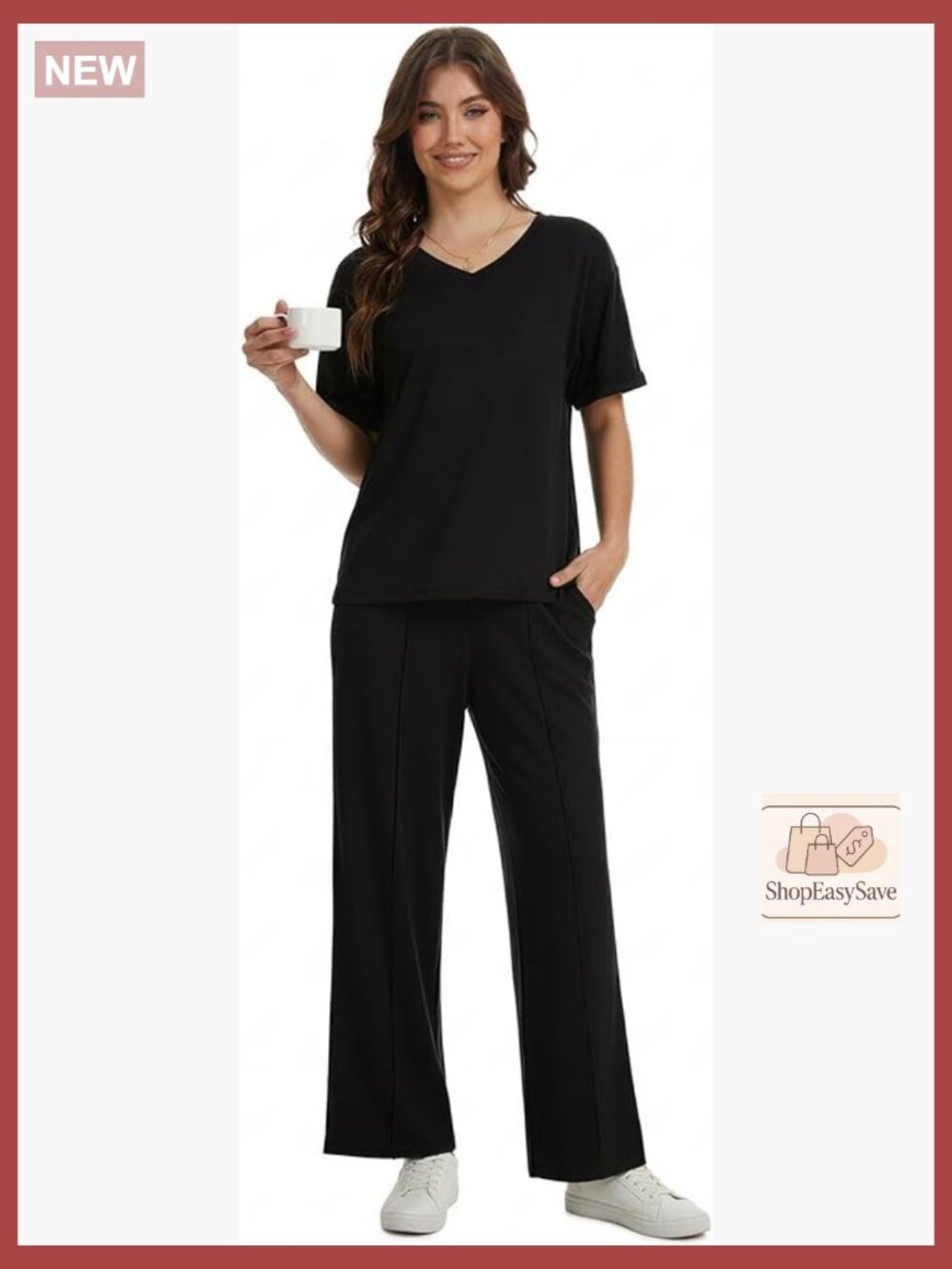 Bamboo Viscose Lounge Set Short Sleeve V-Neck Tee Straight Leg Pants